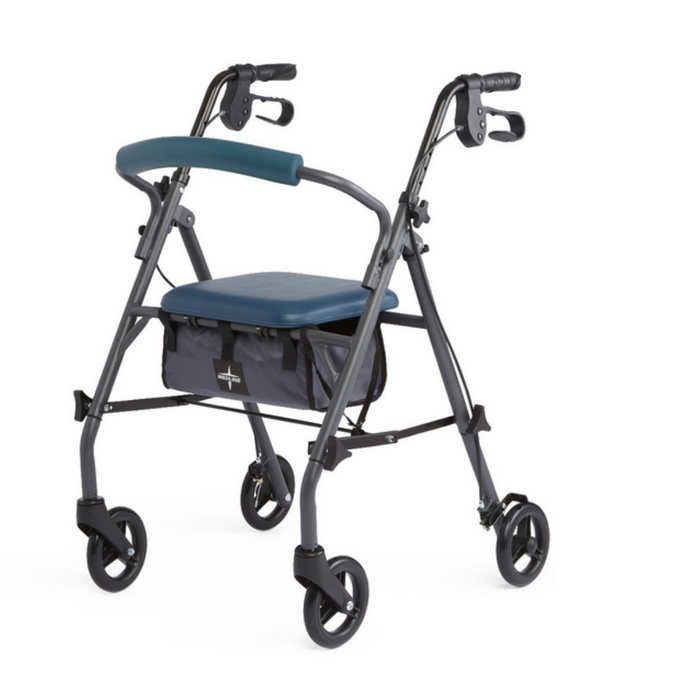 The Medline Steel Rollators with Microban is a gray metal mobility aid featuring four wheels, a blue cushioned seat, dual hand brakes, and a black storage bag under the seat. It offers antimicrobial protection for enhanced safety.