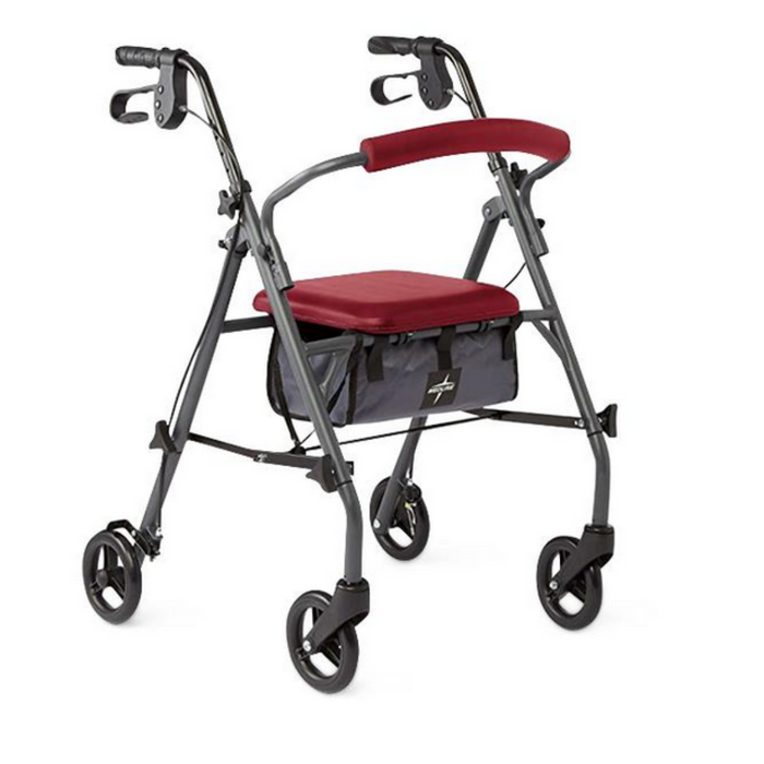 The Medline Steel Rollators with Microban is a stylish mobility aid featuring four wheels, a seat, red padded backrest, black hand grips with brakes, antimicrobial protection, and a storage pouch beneath the seat. It is elegantly displayed on a white background.