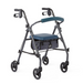 The Medline Steel Rollators with Microban is a sleek gray walker featuring four black wheels, padded handles, and a blue seat. Antimicrobial protection and an ergonomic design ensure optimal mobility support and everyday use, while a storage bag is conveniently located beneath the seat.