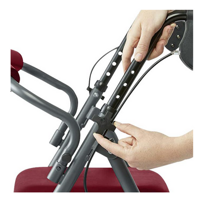 Close-up of hands adjusting the height of a Medline Steel Rollators with Microban, highlighting its excellent mobility support by showing fingers pressing a button on the gray frame with a red seat.
