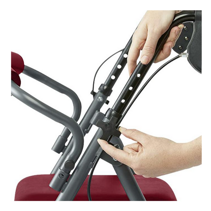Close-up of hands adjusting the height of a Medline Steel Rollators with Microban, highlighting its excellent mobility support by showing fingers pressing a button on the gray frame with a red seat.
