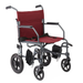 Medline Basic Steel Transport Chairs feature a durable welded steel frame, red seat and backrest, black armrests and footrests, an integrated seat belt, and four black wheels for reliable mobility assistance.