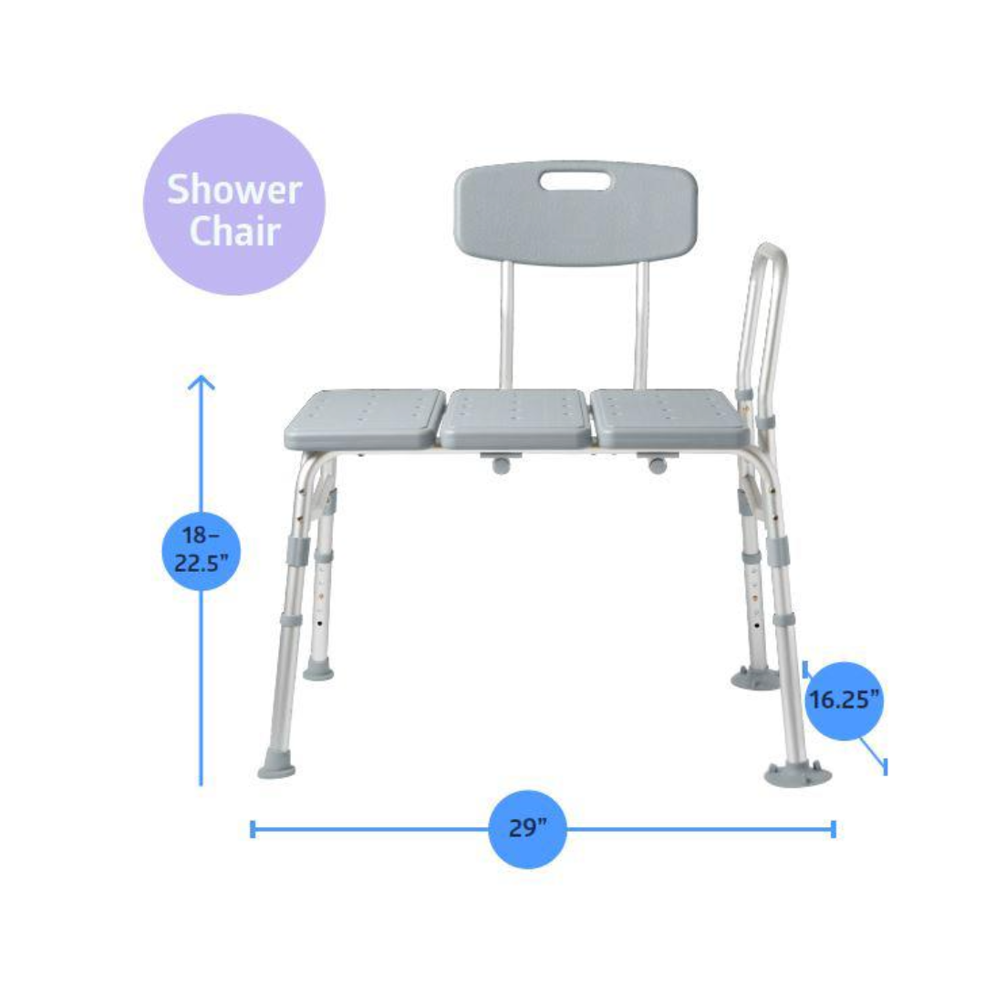 The Medline Bathe Safe and Easy Kit for Caregivers with Shower Transfer Bench is shown in gray with backrest and armrest. Blue markers indicate a height of 18–22.5 in, seat height 16.25 in, width 29 in. "Shower Chair" label above.
