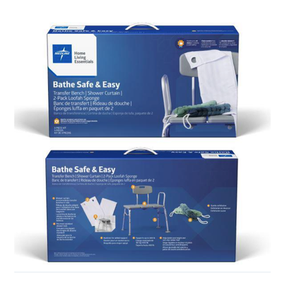Two boxes of the Medline Bathe Safe and Easy Kit for Caregivers with Shower Transfer Bench are shown, each featuring a transfer bench, shower curtain, and a two-pack loofah sponge displayed on the packaging.