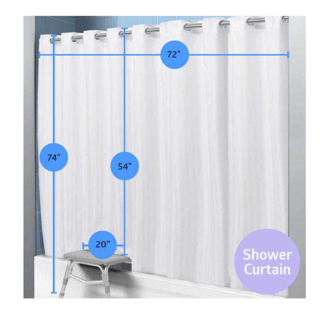 A white shower curtain (74" H x 72" W) hangs from a rod over a bathtub, with blue lines showing its size and a 54" drop from the rod. The Medline Bathe Safe and Easy Kit’s transfer bench provides a 20" step-up in the tub for caregivers.