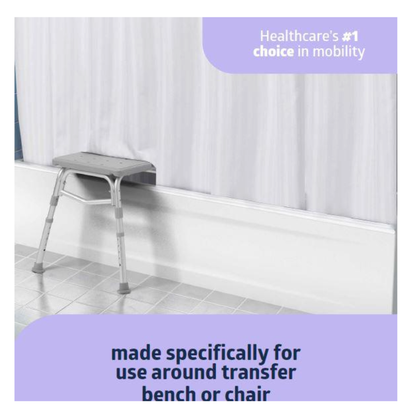 A gray Medline Bathe Safe and Easy Kit for Caregivers with Shower Transfer Bench sits beside a white shower curtain. Text: Healthcare’s #1 choice in mobility, made for any transfer bench or bath safety kit.
