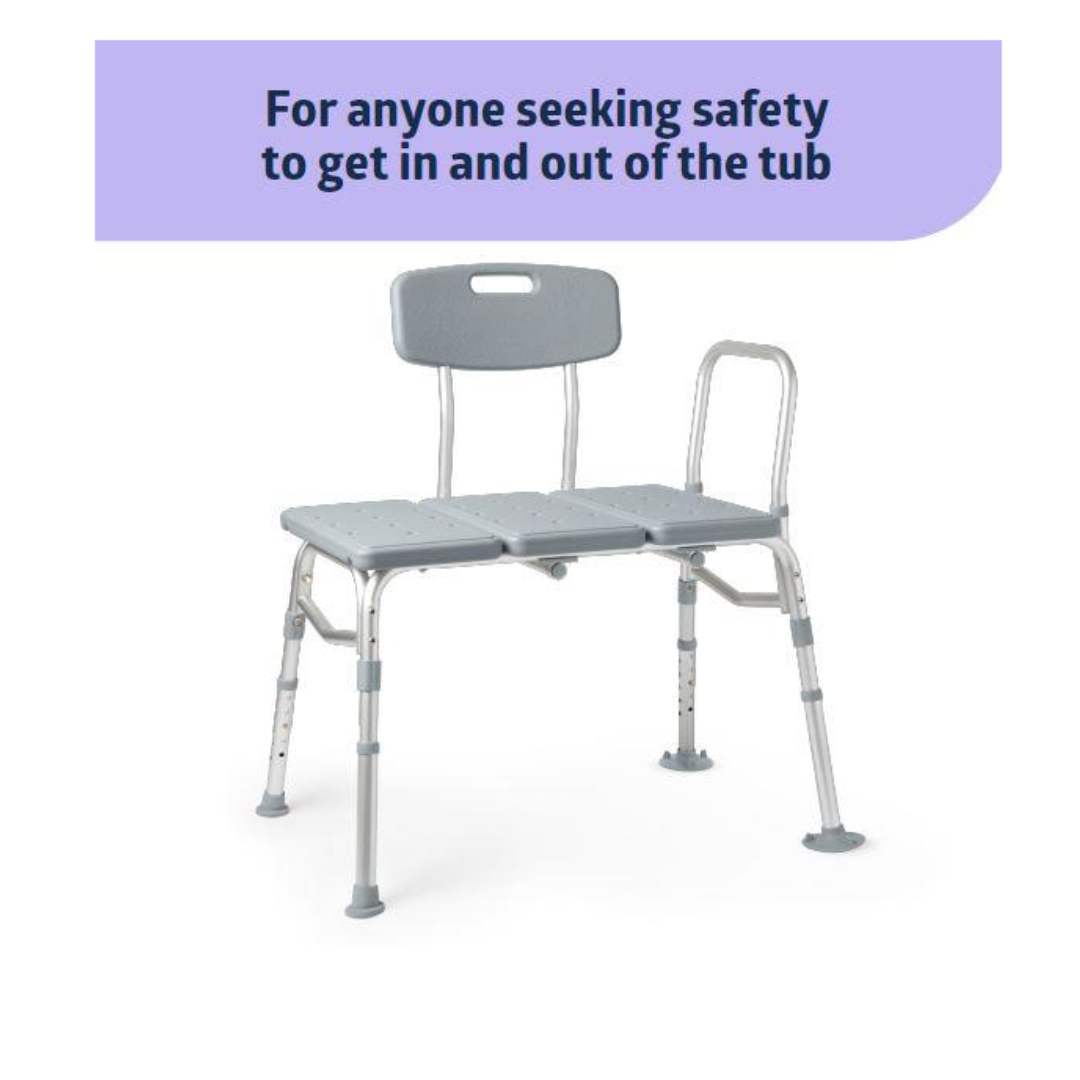The Medline Bathe Safe and Easy Kit for Caregivers features a gray shower transfer bench with backrest and armrest, designed to help users get in and out of the tub safely—a must-have for any bath safety kit.