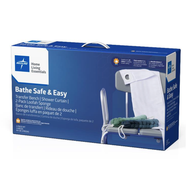 The Medline Bathe Safe and Easy Kit for Caregivers with Shower Transfer Bench features a blue box displaying the bench, shower curtain, and two-pack loofah sponges on the front.