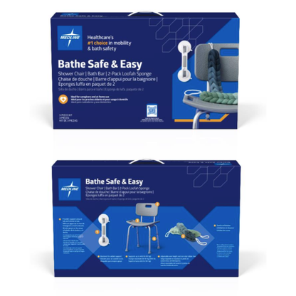 Two blue Medline Bathe Safe & Easy Kits for Caregivers boxes feature images and descriptions of a shower chair, bath lift bar, handheld showerhead, loofah sponge, and non-slip mat on the packaging.