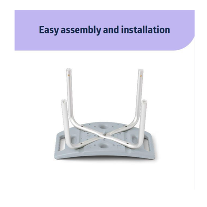 The Medline Bathe Safe & Easy Kits for Caregivers with Shower Chair features a gray plastic seat and sturdy metal legs, shown upside down under a banner reading "Easy assembly and installation—ideal for bath safety and comfort.