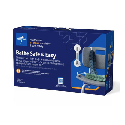 A blue Medline box labeled "Bathe Safe & Easy Kits for Caregivers with Shower Chair" displays images of a shower chair, bath bar, handheld showerhead, and loofah sponges, plus product info in English and French for bath safety.