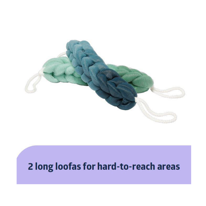Two braided long bath loofahs in green and blue with white handles, shown above a purple banner: "2 long loofahs for hard-to-reach areas—ideal for pairing with Medline Bathe Safe & Easy Kits for Caregivers with Shower Chair.