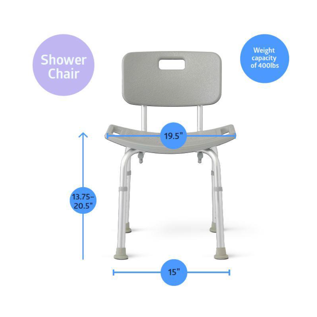 The Medline Bathe Safe & Easy Kit for Caregivers includes a gray shower chair with backrest, adjustable height (13.75–20.5"), 19.5" seat, 15" base, and 400 lbs capacity. Bundle with suction grab bar for enhanced bath safety.