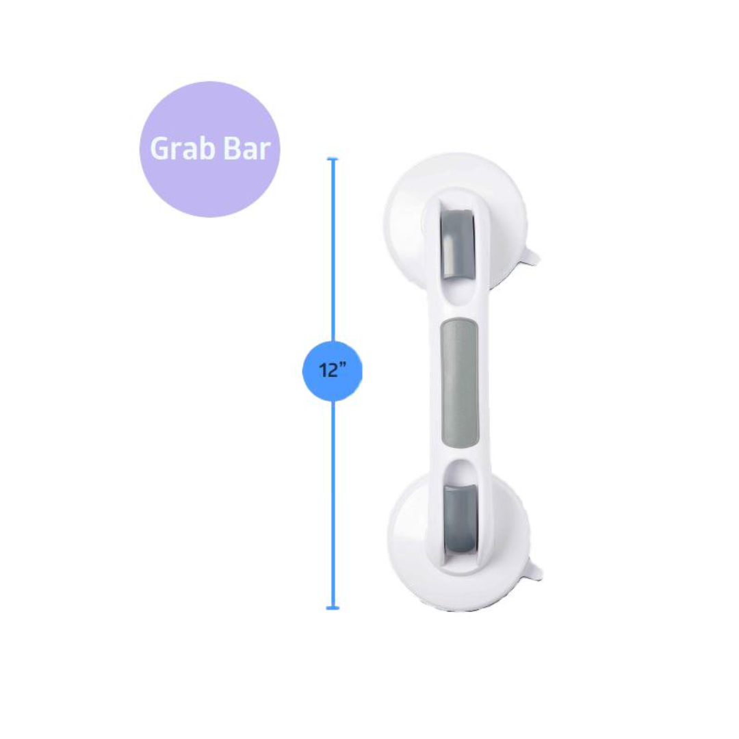A Medline Bathe Safe & Easy Kit for Caregivers with Shower Chair is shown: a white grab bar with gray grips and suction cups, positioned vertically. A blue arrow notes its 12-inch length, with a purple circle above labeled Grab Bar.