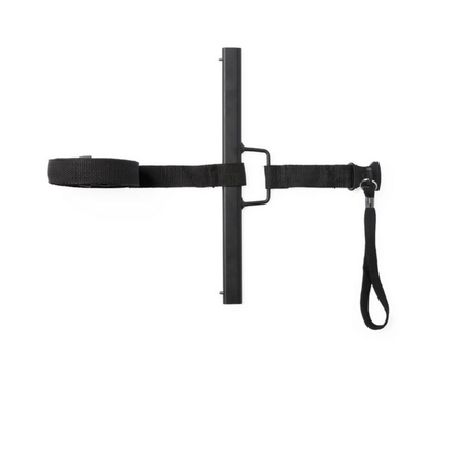 The Medline Bed Assist Bar features a black metal frame with two nylon straps—one forms a loop, the other ends with a handle—for support when getting in or out of bed. Shown against a white background.