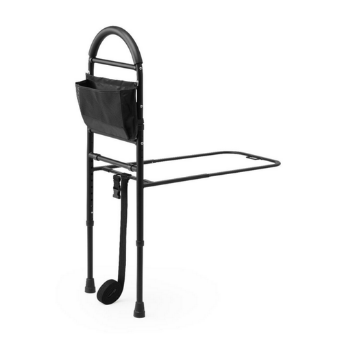 The Medline Bed Assist Bar features a black metal frame, two rubber-tipped legs, a storage pouch, and a flat support bar that slides under the mattress to offer reliable support for getting in and out of bed.