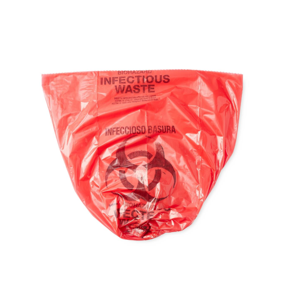 Medline Biohazard Liners are red bags labeled “INFECTIOUS WASTE” with a biohazard symbol and warnings in English and Spanish, designed for safe disposal of hazardous medical waste in healthcare facilities.