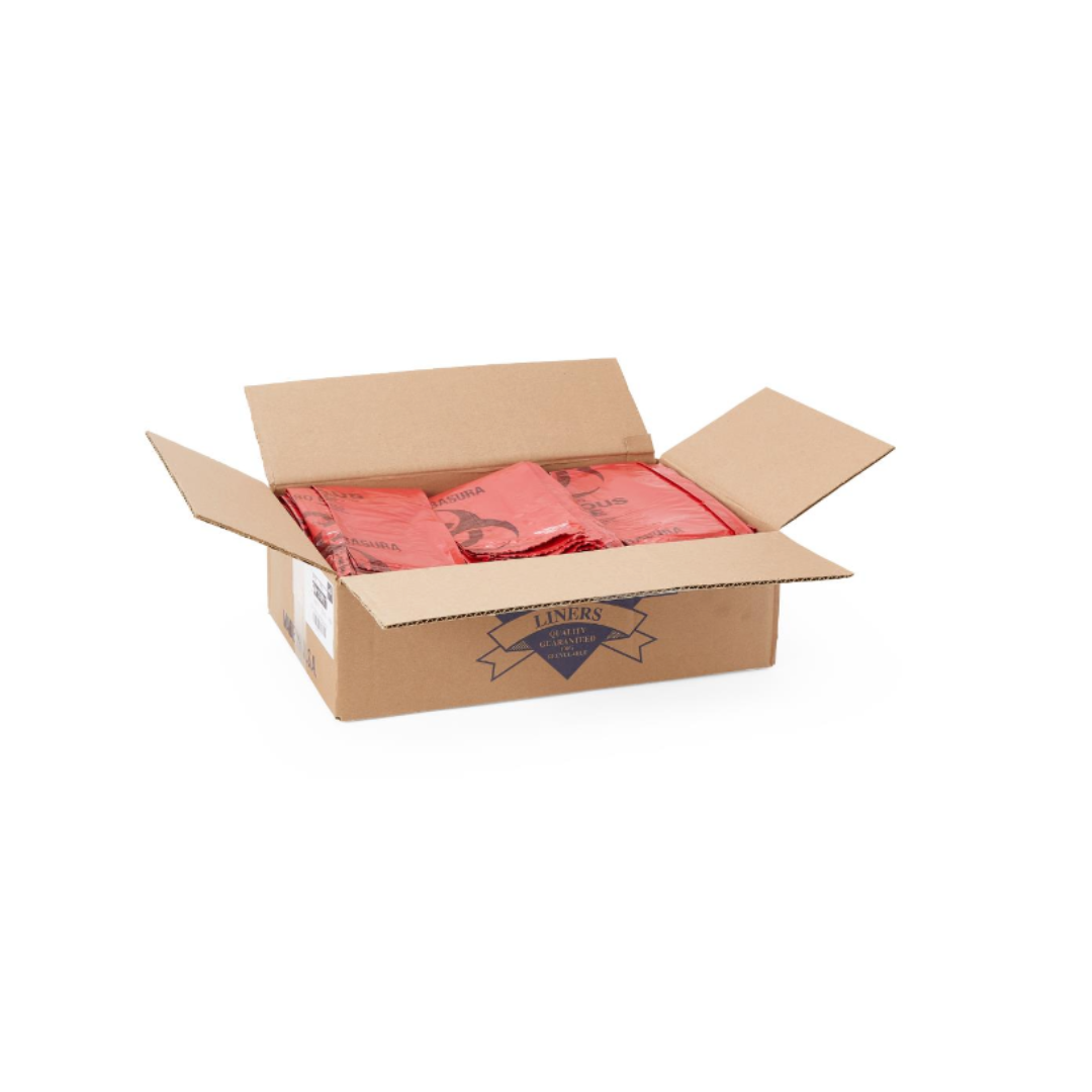 A cardboard box with open flaps contains several folded pink Medline Biohazard Liners. The box displays a blue and gold "LINERS" logo on the side, making it suitable for healthcare facility supplies. Background is plain white.