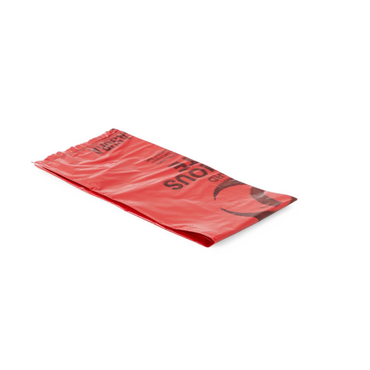 A flat, red Medline Biohazard Liners bag with black biohazard symbols and warning text lies on a white background, indicating its use for hazardous or contaminated waste in healthcare facilities.