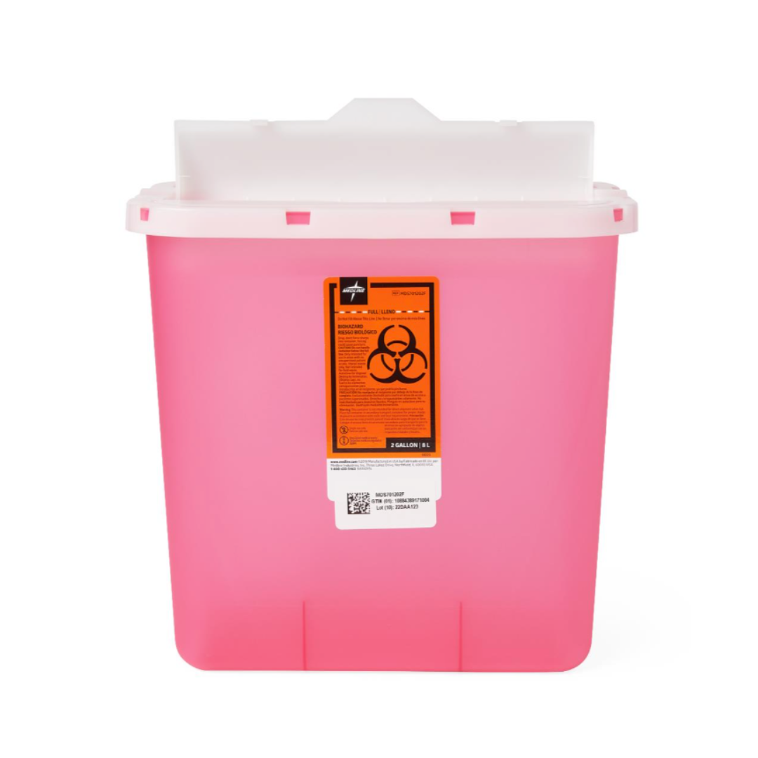 The Medline Biohazard Patient Room Sharps Disposal Container is pink with a white lid, orange label, and black biohazard symbol, designed for safe medical needle and sharps disposal in patient rooms.