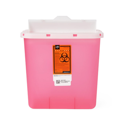 The Medline Biohazard Patient Room Sharps Disposal Container is pink with a white lid, orange label, and black biohazard symbol, designed for safe medical needle and sharps disposal in patient rooms.