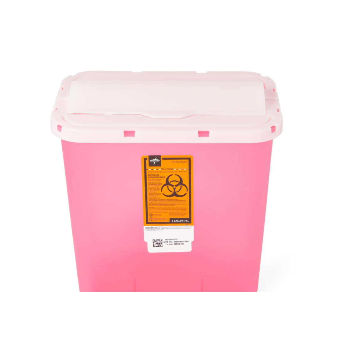 The Medline Biohazard Patient Room Sharps Disposal Container is pink with a white lid and features a yellow biohazard warning label, making it ideal for safe sharps disposal in patient rooms.