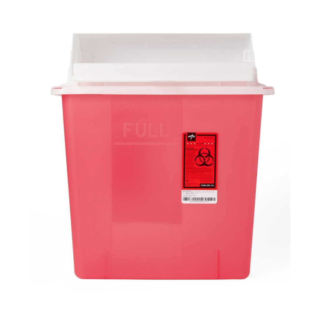 The Medline Biohazard Patient Room Sharps Disposal Container is red with a white lid, labeled FULL, and features a biohazard warning sticker—perfect for safe sharps disposal in patient rooms.