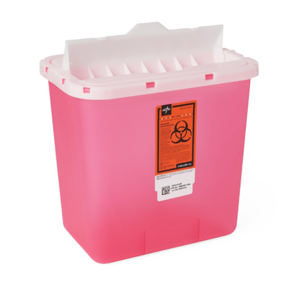 The Medline Biohazard Patient Room Sharps Disposal Container, featuring a white lid and orange warning label, is designed for the safe disposal of needles and sharp medical waste in patient rooms.