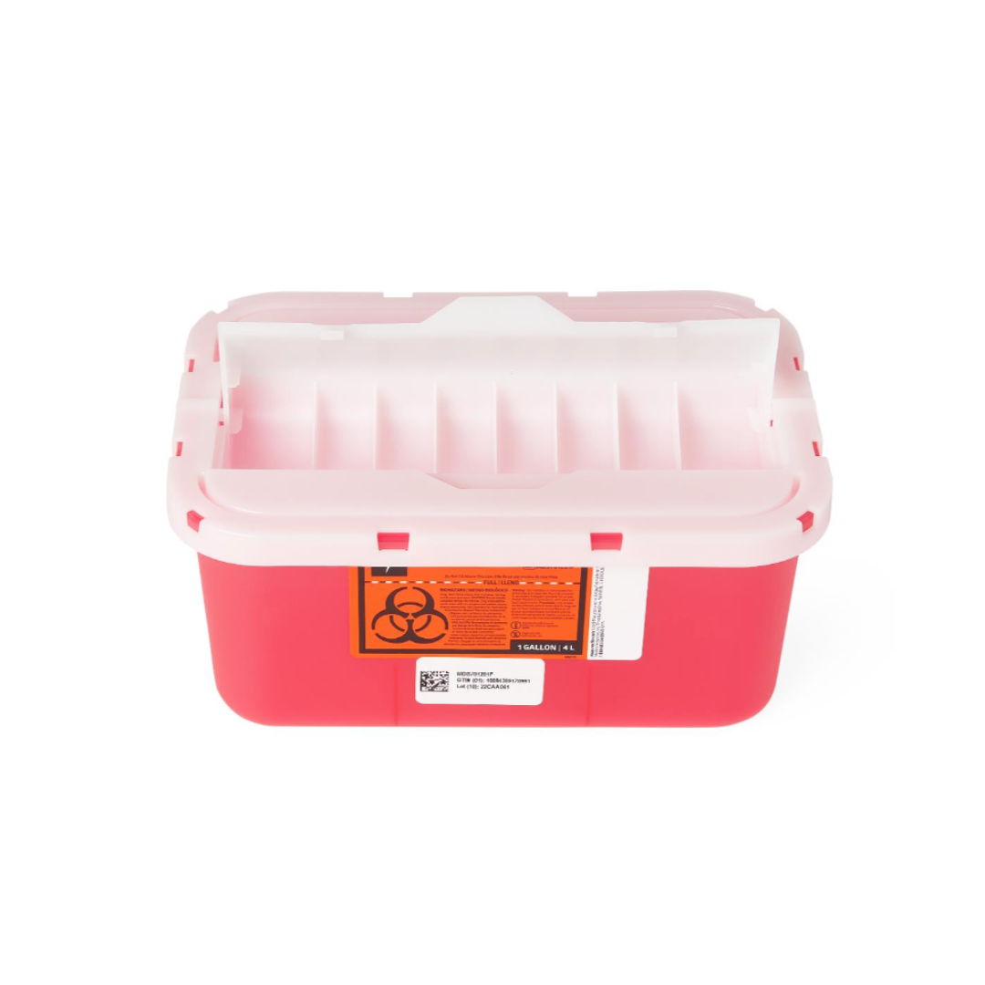 The Medline Biohazard Patient Room Sharps Disposal Container features a red base, white translucent lid, and orange biohazard label for safe disposal of needles and medical waste in patient rooms.