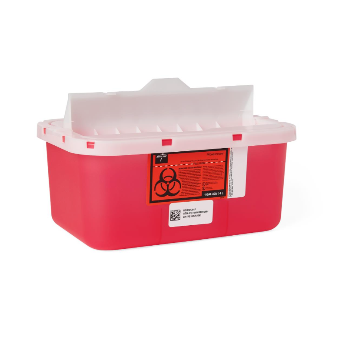 The Medline Biohazard Patient Room Sharps Disposal Container is a red container with a white locking lid and warning label, designed for safe disposal of medical needles and sharps in patient rooms.