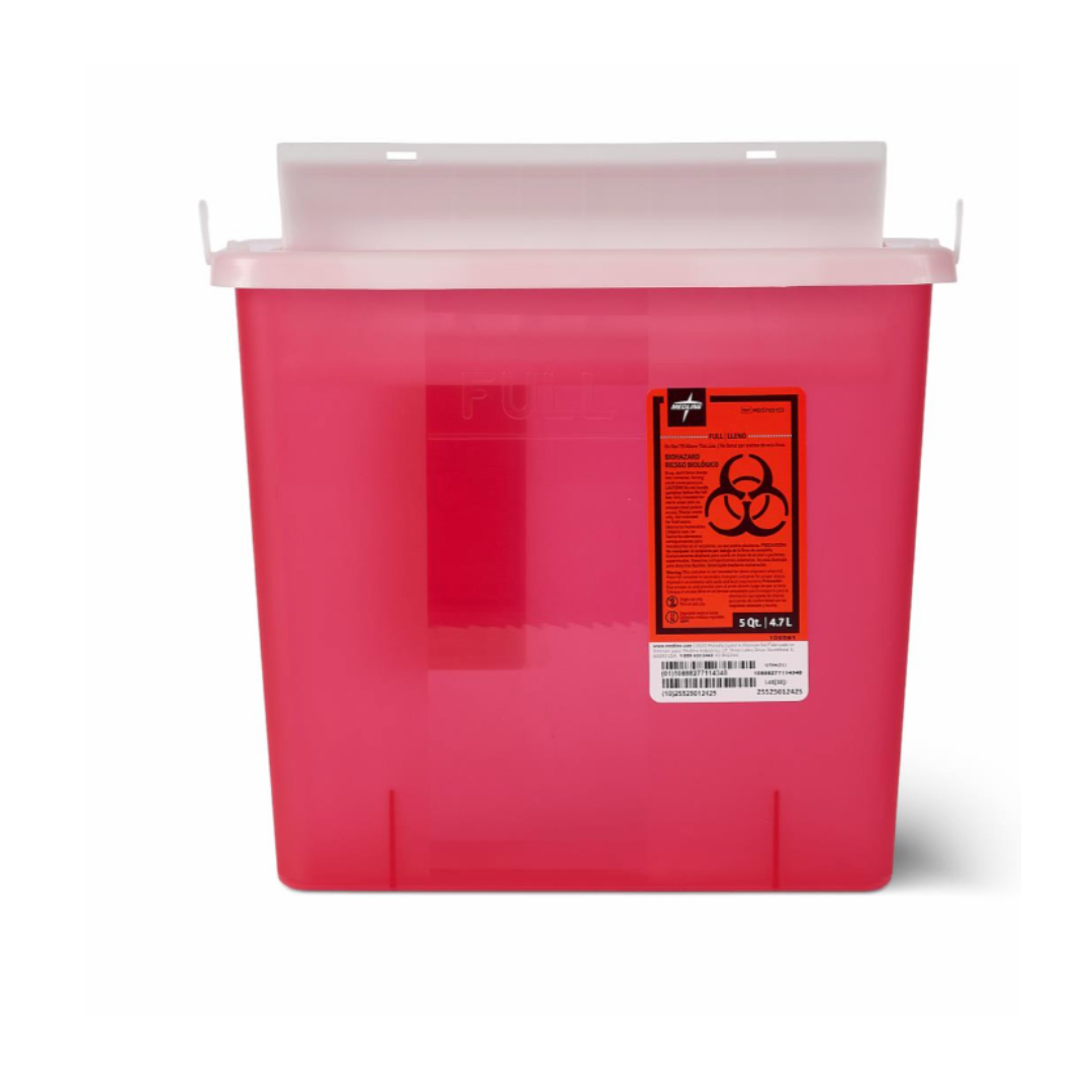 The Medline Biohazard Patient Room Sharps Disposal Container features a red base, white lid, and orange biohazard label—ideal for safe disposal of needles and medical waste in patient rooms.