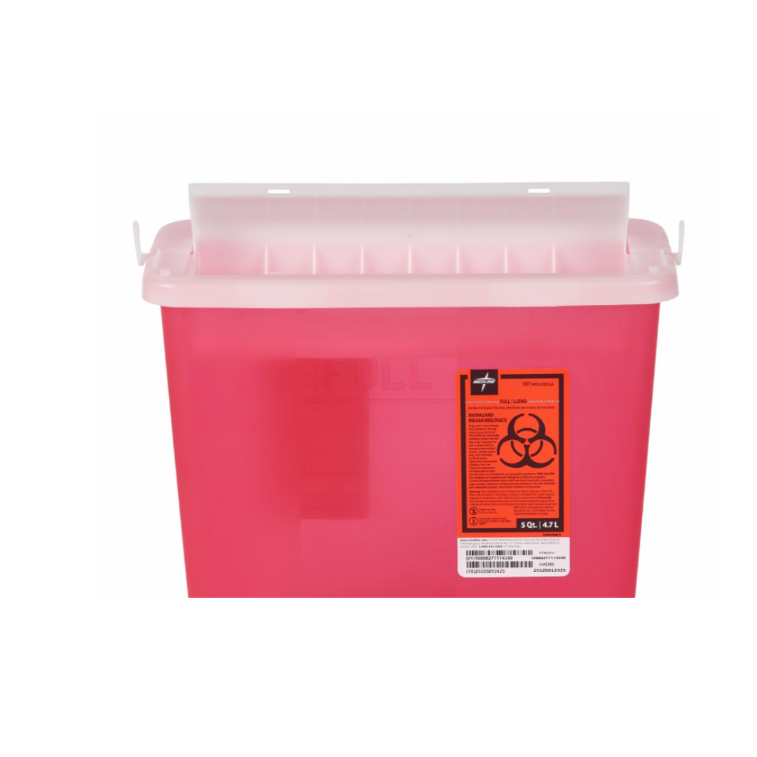 The Medline Biohazard Patient Room Sharps Disposal Container is a red plastic container with a white lid and an orange biohazard symbol label, designed for safe medical needle and sharp object disposal in patient rooms.