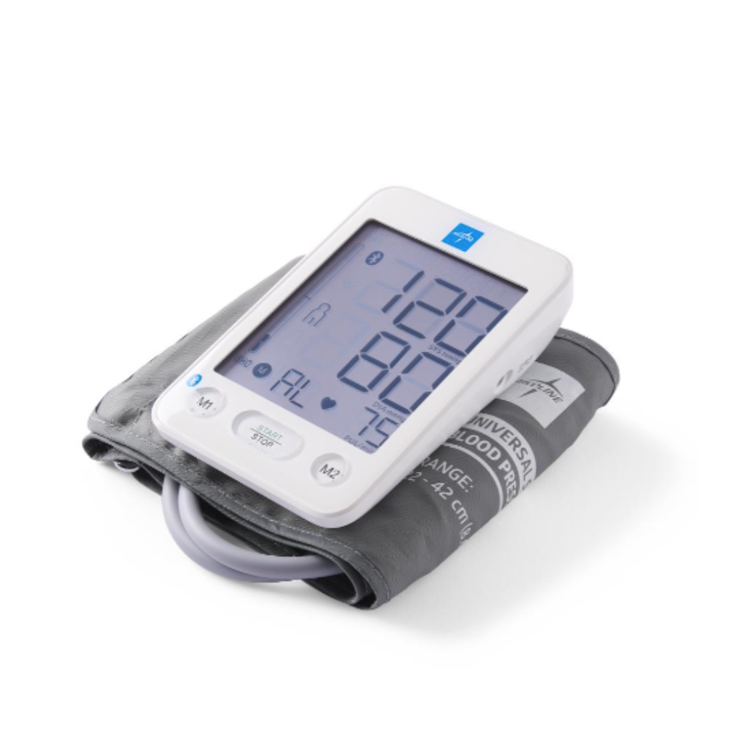A Medline Blood Pressure Monitor with Bluetooth, a universal cuff, and a carrying case rests on a white background. The display clearly shows systolic, diastolic, and pulse readings, providing both accuracy and the convenience of wireless connectivity.