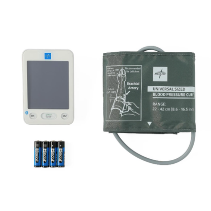 The Medline Blood Pressure Monitor with Bluetooth features a large display, a universal-sized arm cuff with a connected tube, and operates on four AA batteries placed beneath the monitor. It offers convenient wireless connectivity for easy tracking and management of your readings and comes complete with a carrying case.