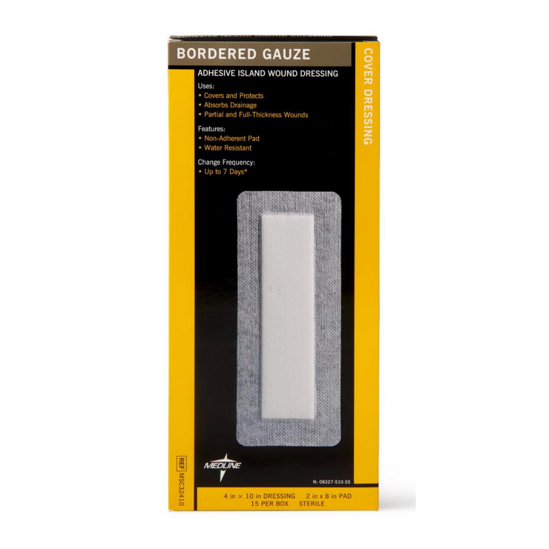 A box of Medline Bordered Gauze Adhesive Island Wound Dressings includes a soft, absorbent pad with a non-adherent layer. The yellow and black packaging features product details and an image of the dressings on the front.