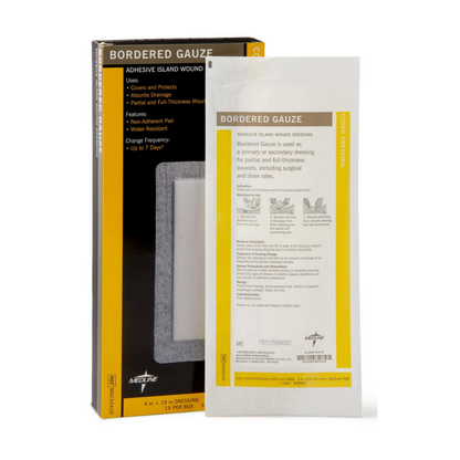 A box and a single pouch of Medline Bordered Gauze Adhesive Island Wound Dressings, with the pouch displaying instructions, specs, and details about its soft absorbent pad with a non-adherent contact layer for wound care.