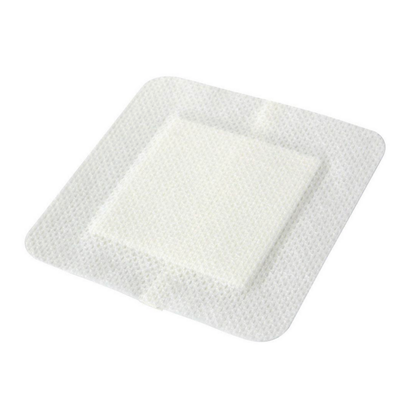 A Medline Bordered Gauze Adhesive Island Wound Dressing, white and square with rounded corners, features a central soft absorbent pad and mesh-like texture, shown on a plain white background.