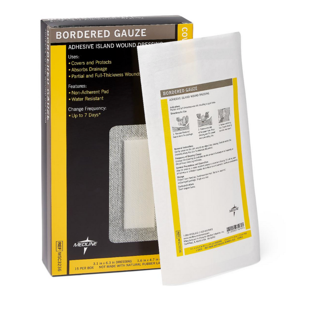 A box of Medline Bordered Gauze Adhesive Island Wound Dressings stands upright, with one individually packaged dressing leaning against it. Each has a soft absorbent pad and non-adherent contact layer for gentle wound care.