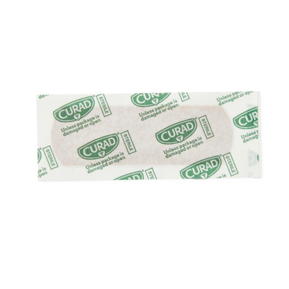 A single Medline CURAD Flex-Fabric Adhesive Bandage, 1" x 3", in its unopened white and green packaging with the Curad logo and a message: Unless package is damaged or open.