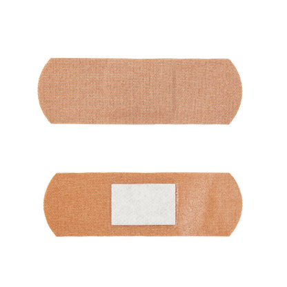Two Medline CURAD Flex-Fabric Adhesive Bandages (1" x 3") are shown: the top displays the outer side; the bottom is flipped to reveal the white center pad. Both bandages are rectangular with rounded edges.