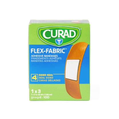 A green and blue box of Medline CURAD Flex-Fabric Adhesive Bandages (1" x 3" strips) features a bandage image, states "4 Sided Seal," includes 100 bandages with knuckle bandages, and text in English, French, and Spanish.