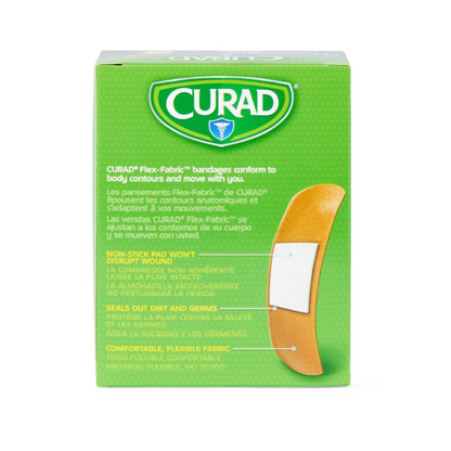 A green box of Medline CURAD Flex-Fabric Adhesive Bandages - 1" x 3" Strips displays product info in English, French, and Spanish, with an image of a single bandage on the front.