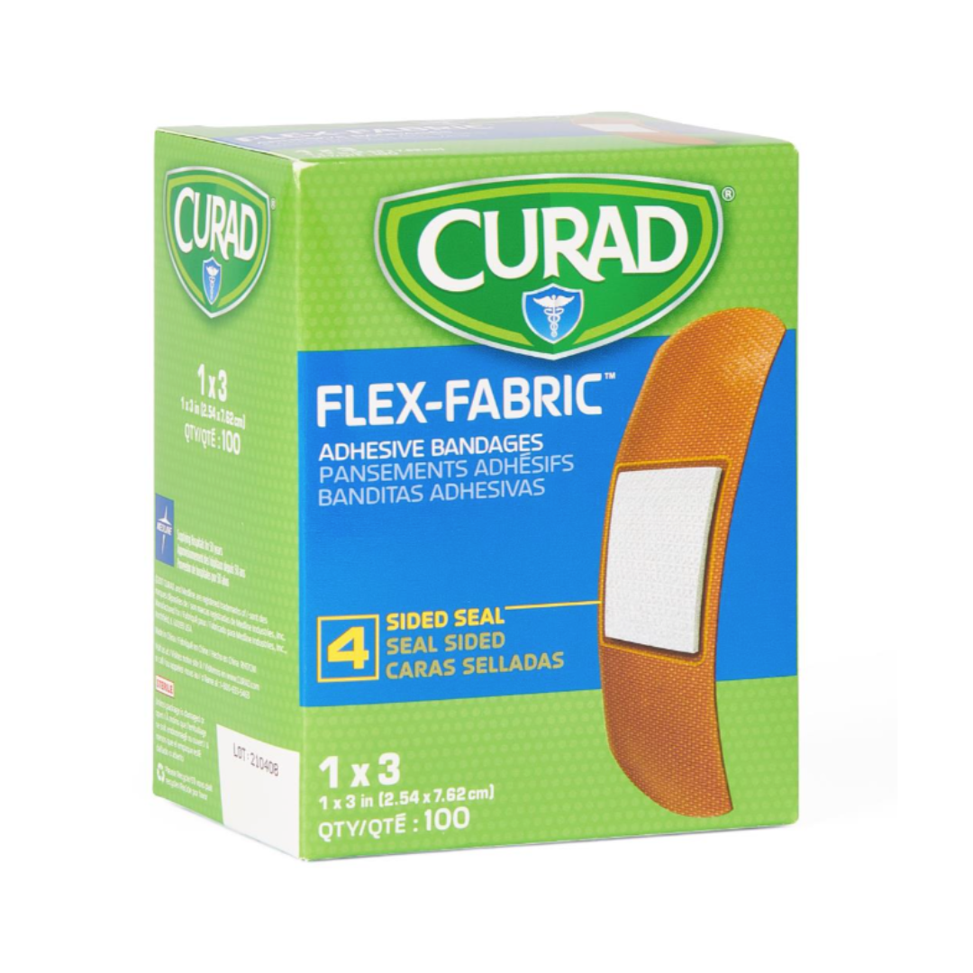 A green box of Medline CURAD Flex-Fabric Adhesive Bandages - 1" x 3" Strips, featuring a bandage image and text noting 100 count and 4-sided seal.
