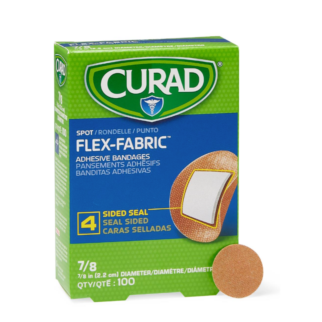 A green box of Medline CURAD Flex-Fabric Adhesive Spot Bandages, 100 count, 7/8-inch size, featuring round flexible bandages with a 4-sided seal for extra protection.
