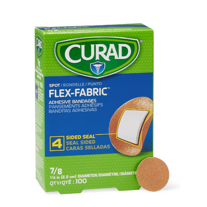 A green box of Medline CURAD Flex-Fabric Adhesive Spot Bandages, 100 count, 7/8-inch size, featuring round flexible bandages with a 4-sided seal for extra protection.