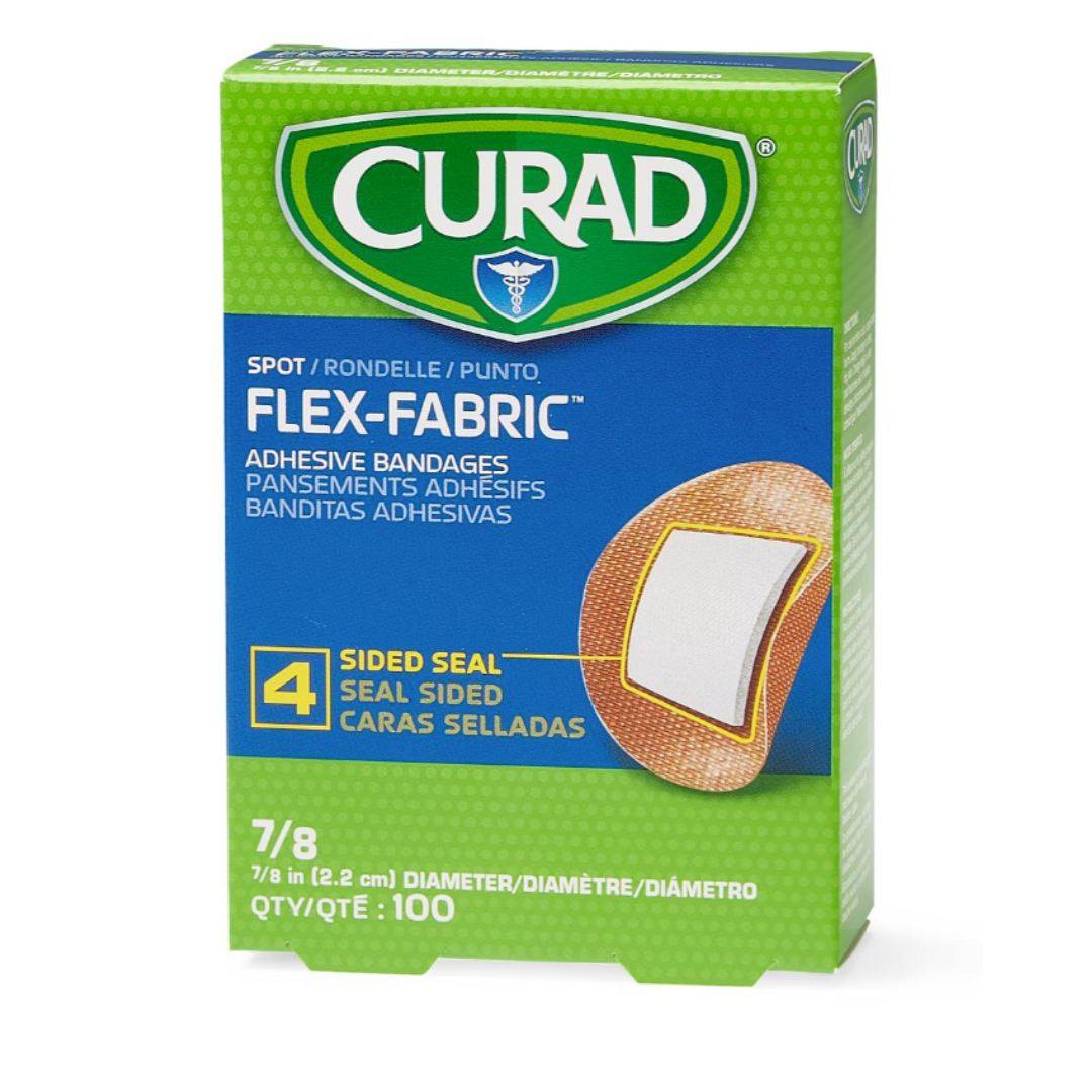 A green box of Medline CURAD Flex-Fabric Adhesive Spot Bandages with a 7/8-inch diameter spot bandage image and “4 sided seal” text. Contains 100 flexible bandages for comfortable protection.