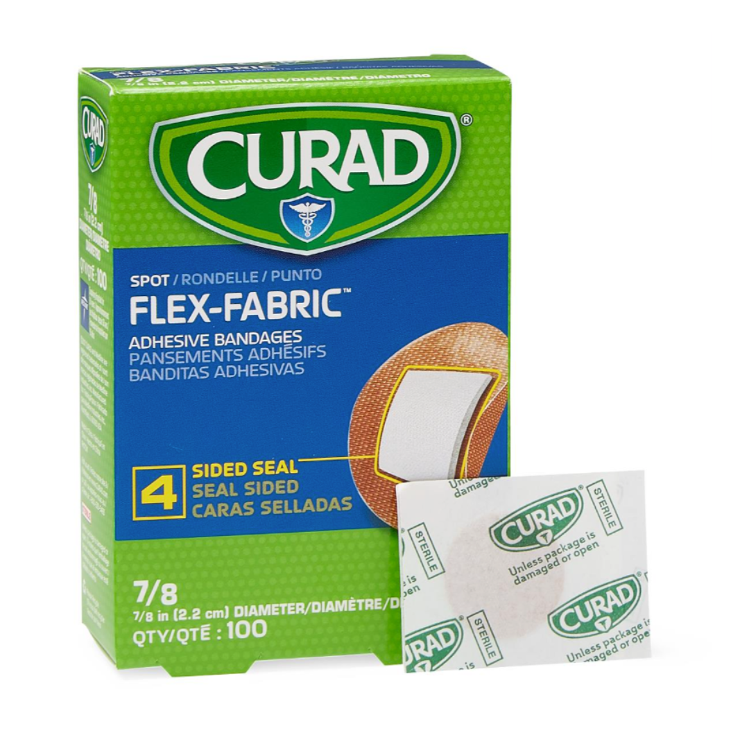 A green and blue box of Medline CURAD Flex-Fabric Adhesive Spot Bandages is shown, featuring an image of a fabric bandage and a wrapped bandage in front. The box contains 100 flexible, 7/8 inch round spot bandages.