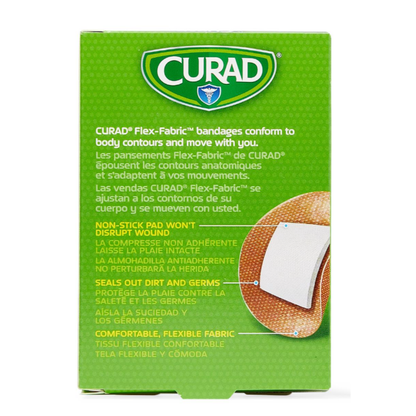 The image shows a green box of Medline CURAD Flex-Fabric Adhesive Spot Bandages, with flexible, comfortable fabric, a non-stick pad that won’t stick to wounds, and reliable protection from dirt and germs.