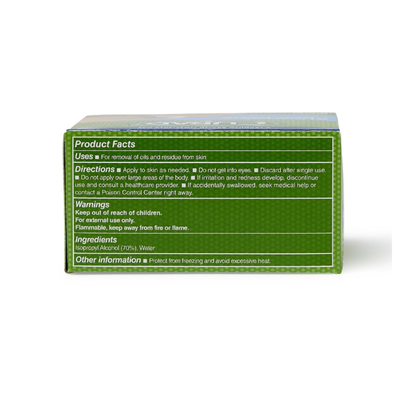 Green and white box for Medline CURAD Medium 2-Ply Sterile Alcohol Prep Pads. Packaging includes Product Facts, Directions, Warnings, Ingredients, and Other Information to ensure safe use of these sterile prep pads.