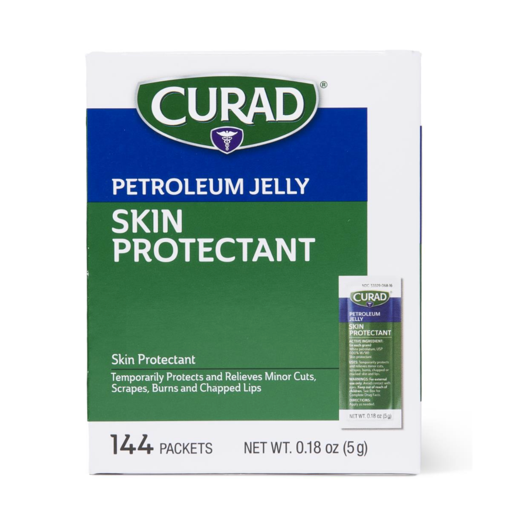 Medline CURAD Petroleum Jelly comes in a box of 144 packets (0.18 oz each) and temporarily protects and relieves minor cuts, scrapes, burns, and chapped lips.